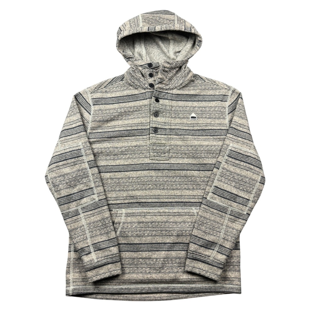 Burton Mens Medium Striped Henley Hoodie Tan Black Snowboard Outdoors Sweatshirt
